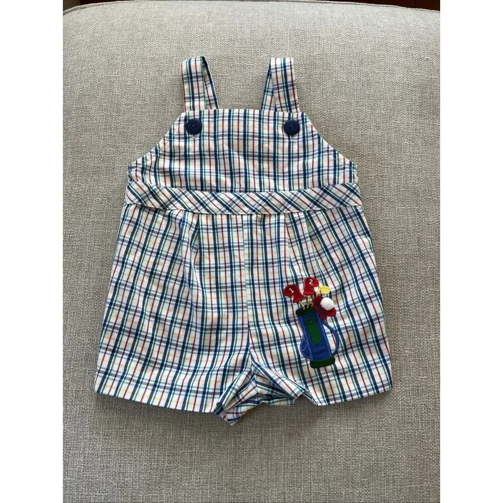 Vintage Boys Shortall Size 18 Months Plaid Golf Club Appliqué 100% Cotton Romper